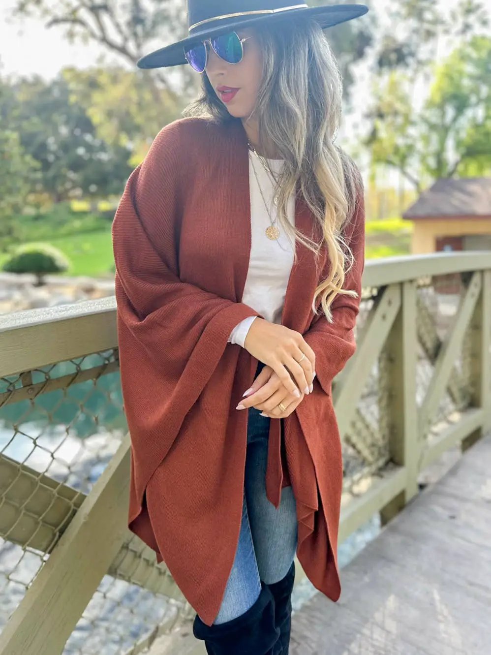 AMOLI AMOLI - Rust Solid Knit Ruana Shawl with Shoulder Strap - Scarves & Shawls
