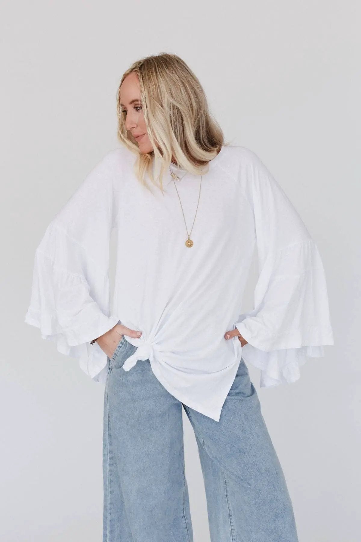 Three Bird Nest Three Bird Nest - Bell Sleeve Baseball Tee - White - Blouses tops-blouses