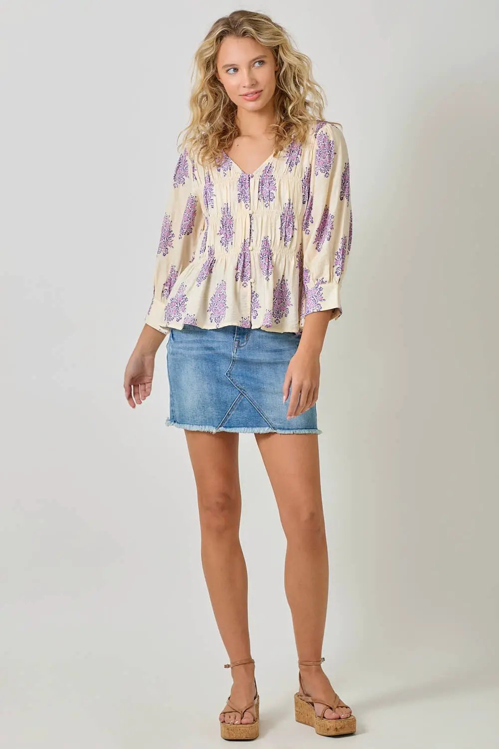 Mystree The Lavender Fields Puff Sleeve Smocked Blouse - Blouses