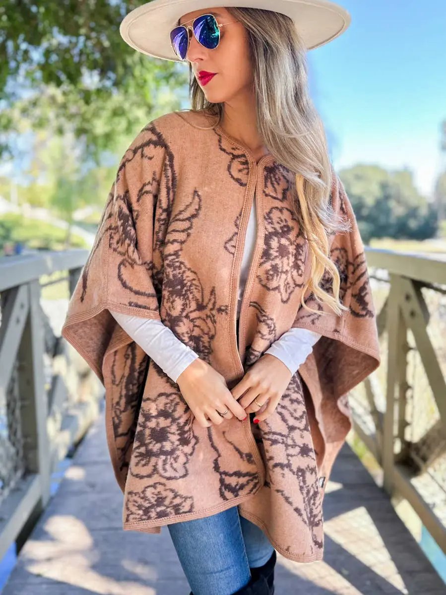 AMOLI AMOLI - Camel Elegant Floral Print Cape Shawl Ruana Cardigan - Cardigans
