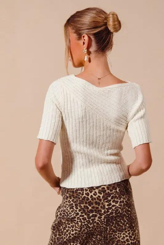 So Me Bias Knitted Boat Neck Fitted Rib Neck Ivory Sweater Top - Sweaters knitted boat neck sweater top