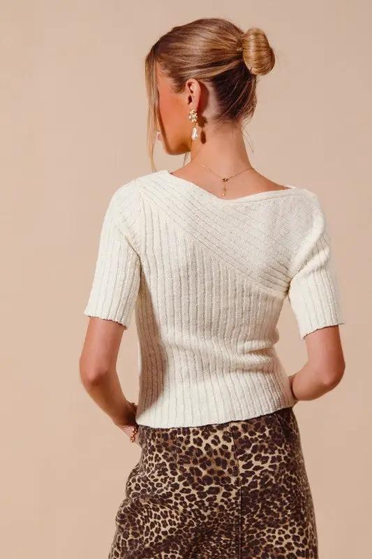 So Me Bias Knitted Boat Neck Fitted Rib Neck Ivory Sweater Top - Sweaters knitted boat neck sweater top