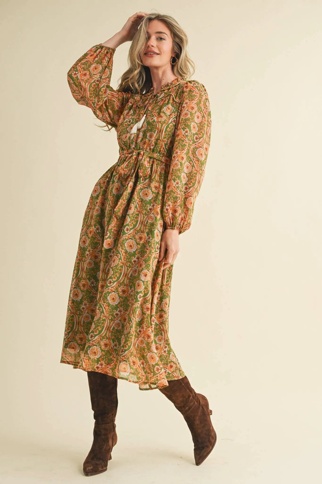 &MERCI Golden Grove Tassel Belted Midi Dress – Olive Floral - Dresses