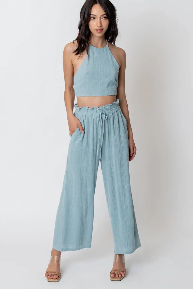 En Crème En Crème Light Blue Cropped Halter Top and Pants Set - Outfit Sets cropped halter top and pants set