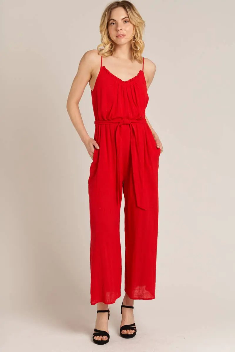 En Crème En Crème Red Sleeveless Belted Jumpsuit - One-Pieces red sleeveless jumpsuit