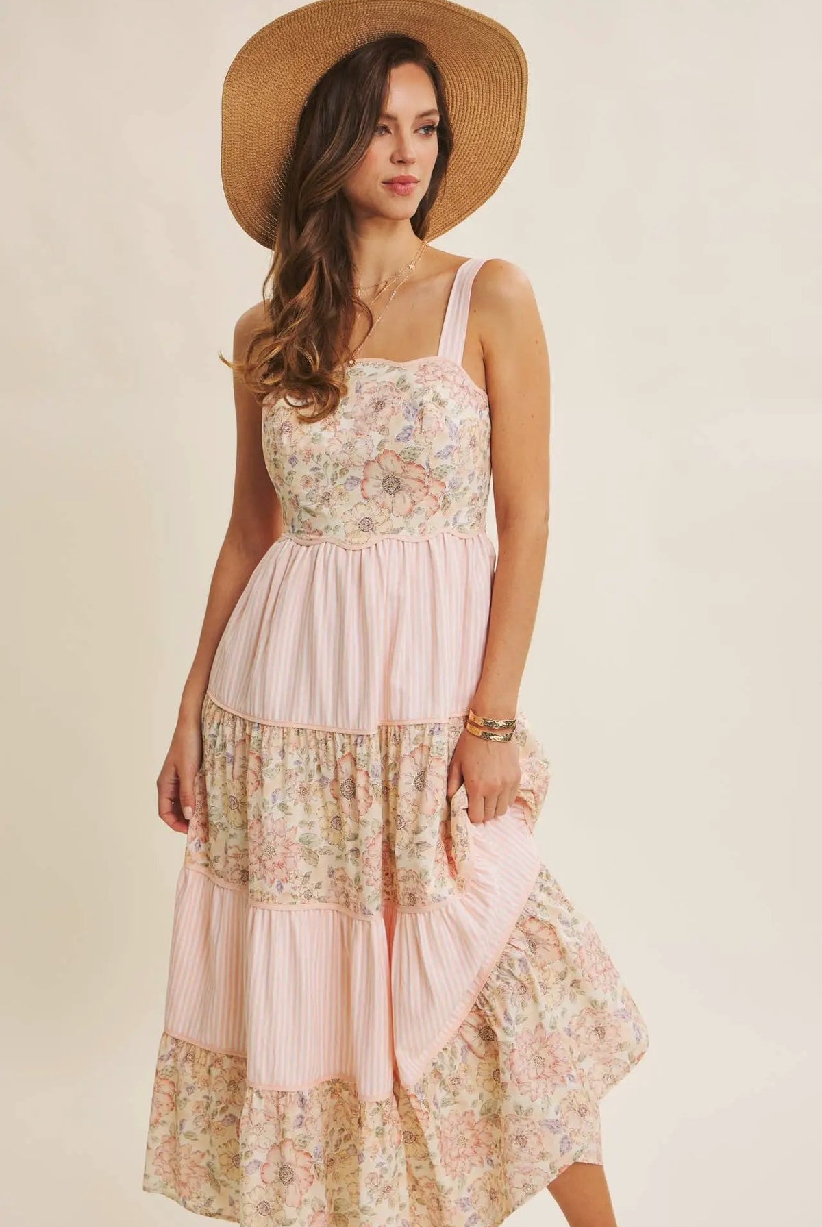 in february The Dreamy Tiered Patchwork Midi Dress: Peach Multi - Dresses