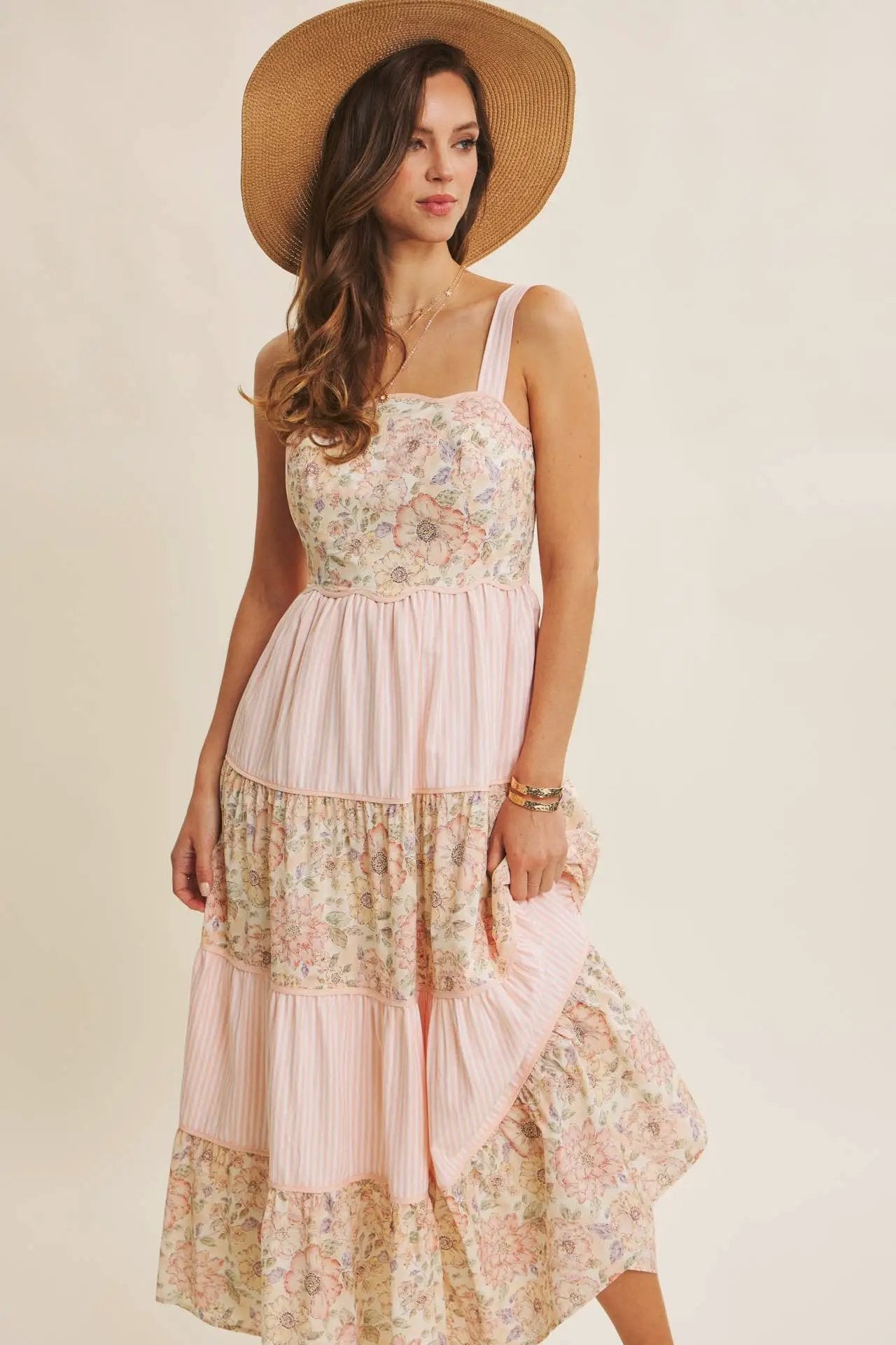 in february The Dreamy Tiered Patchwork Midi Dress: Peach Multi - Dresses