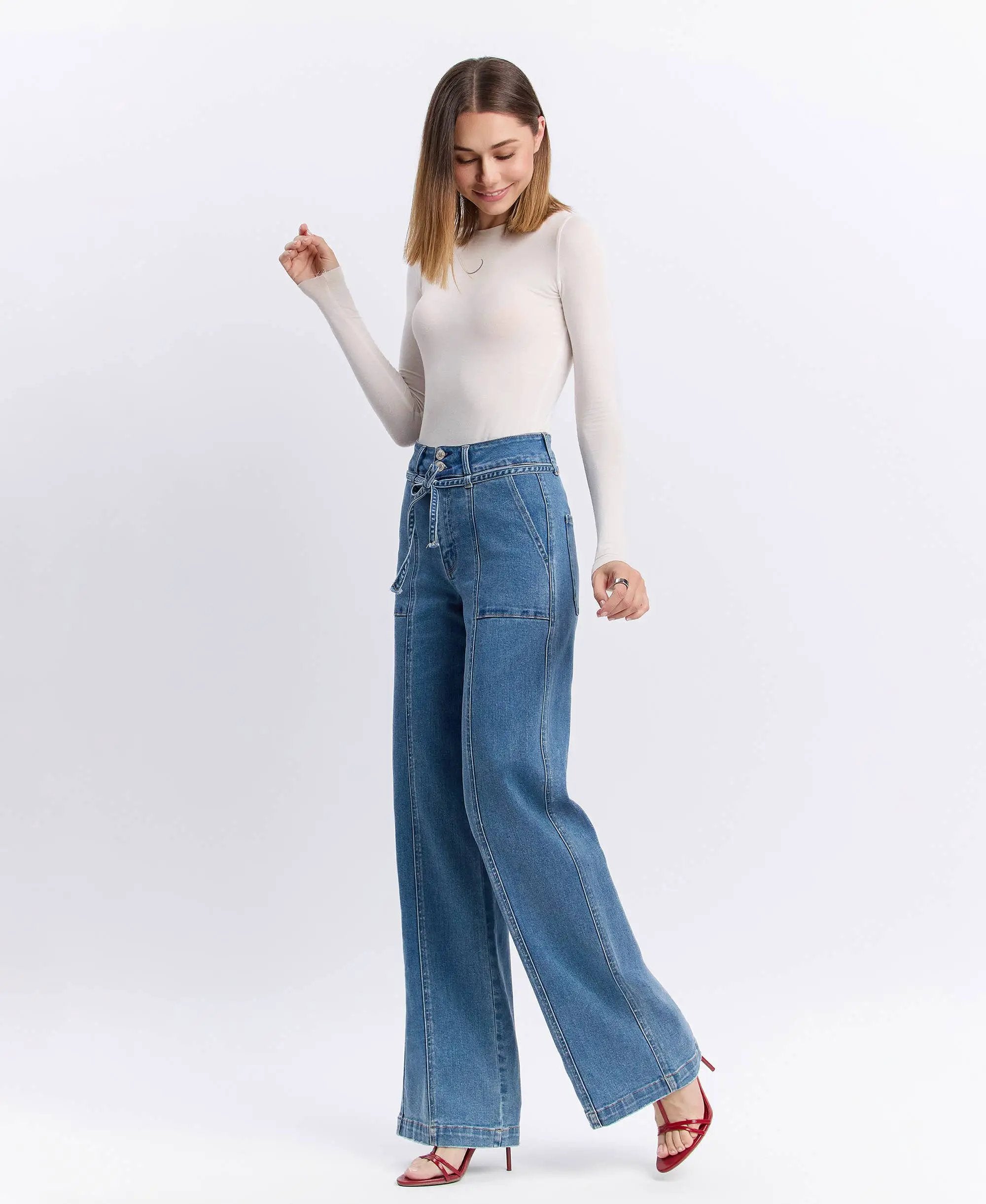 VERVET by FLYING MONKEY VERVET ‘Olivia’ Super High Rise Tie Waistband Wide Leg Jeans - Jeans