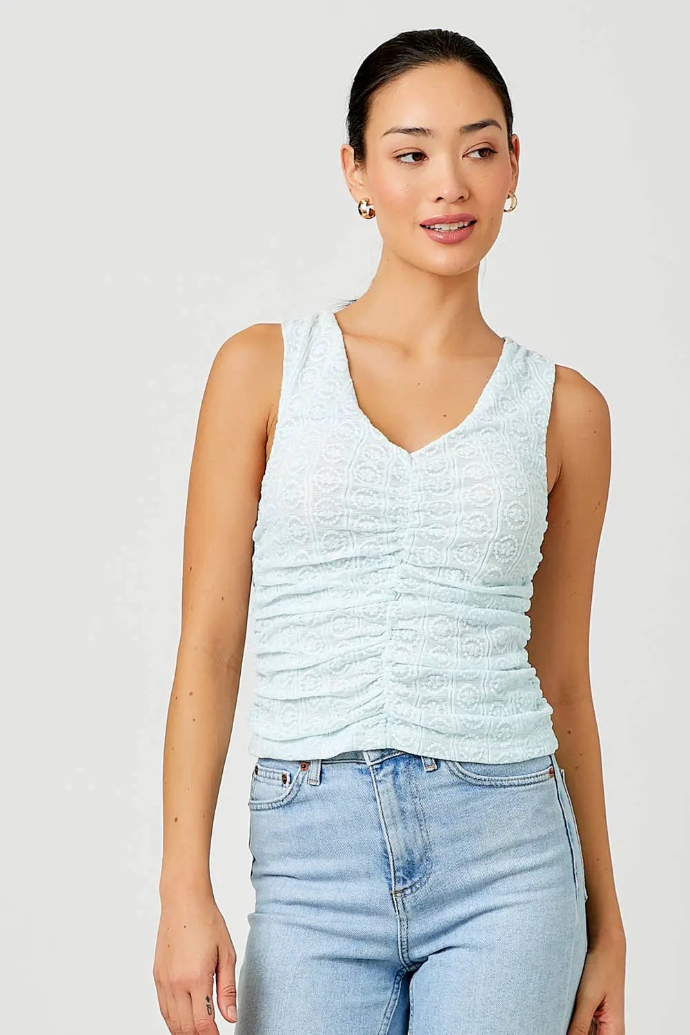 Mystree Mystree - Ice Garden Ruched V-Neck Tank Top - Tank Tops