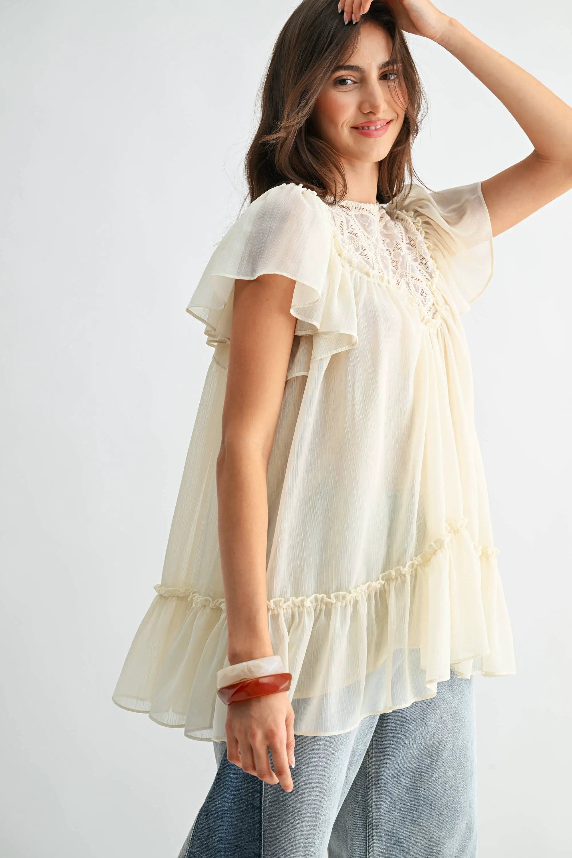 Camellia The Sheer Lace Yoke Ruffle Sleeve Blouse: CREAM - Blouses