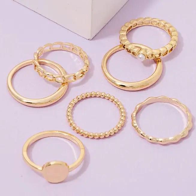 Fame Accessories Pearl Stud Mixed Chain 7Pc Band Rings Set: Gold - Rings