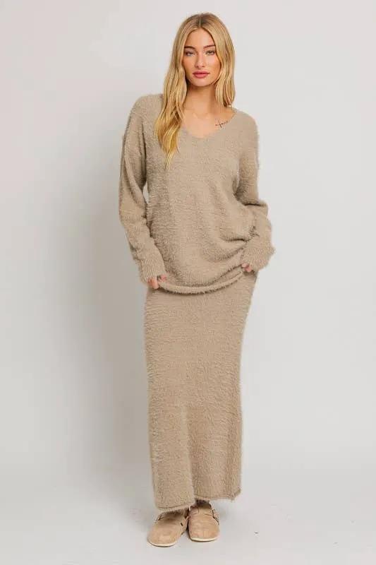 Le Lis Ballon Sleeve V-Neck Fuzzy Sweater - Matching Skirt Available - Sweaters