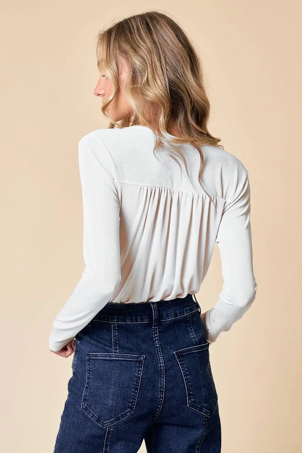 WISTERIA LANE Wisteria Lane - Soft Blush Slinky Surplice Long Sleeve Bodysuit - Bodysuits