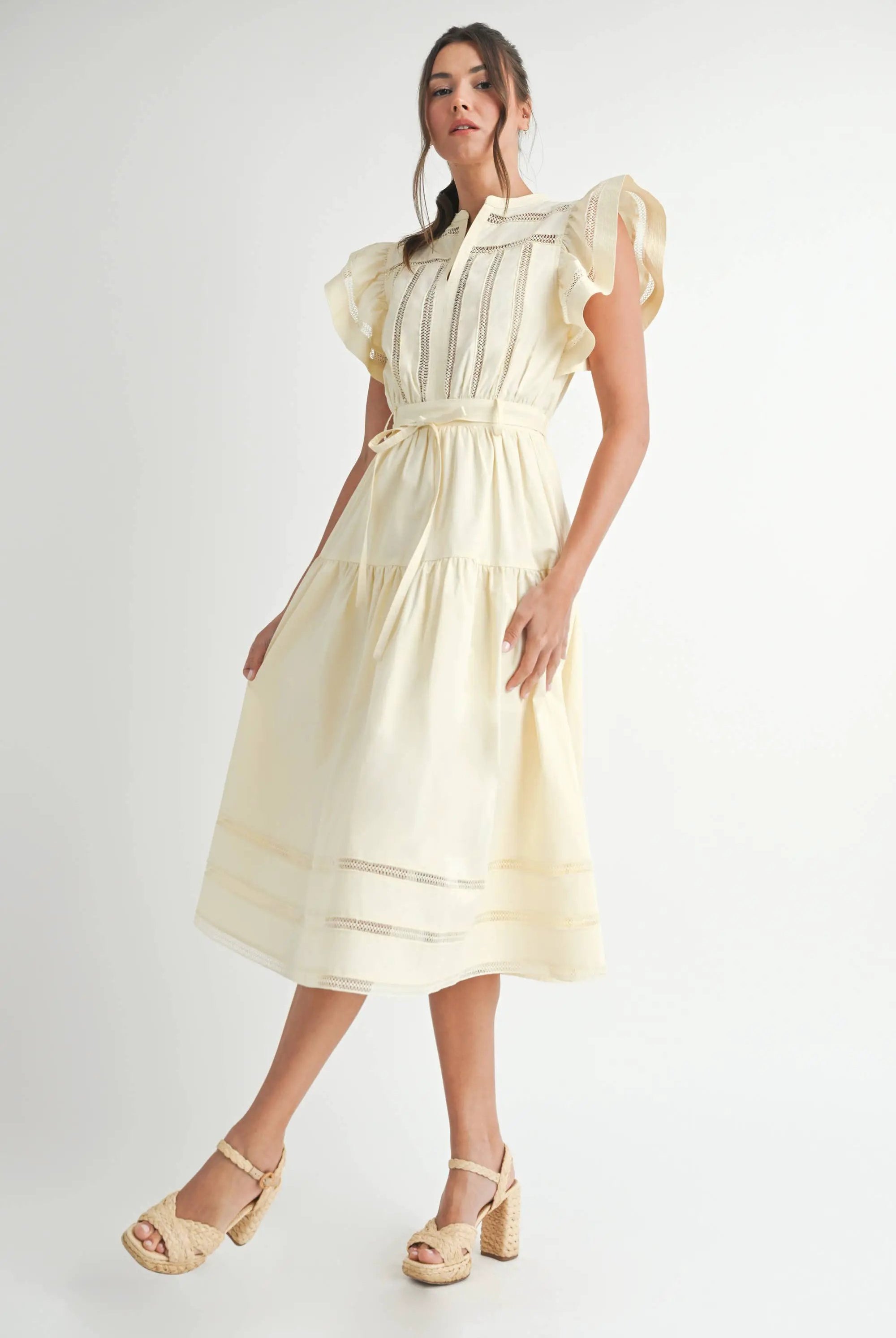 Endless Blu Endless Blu Cream Short Sleeve Tiered Midi Dress - Dresses