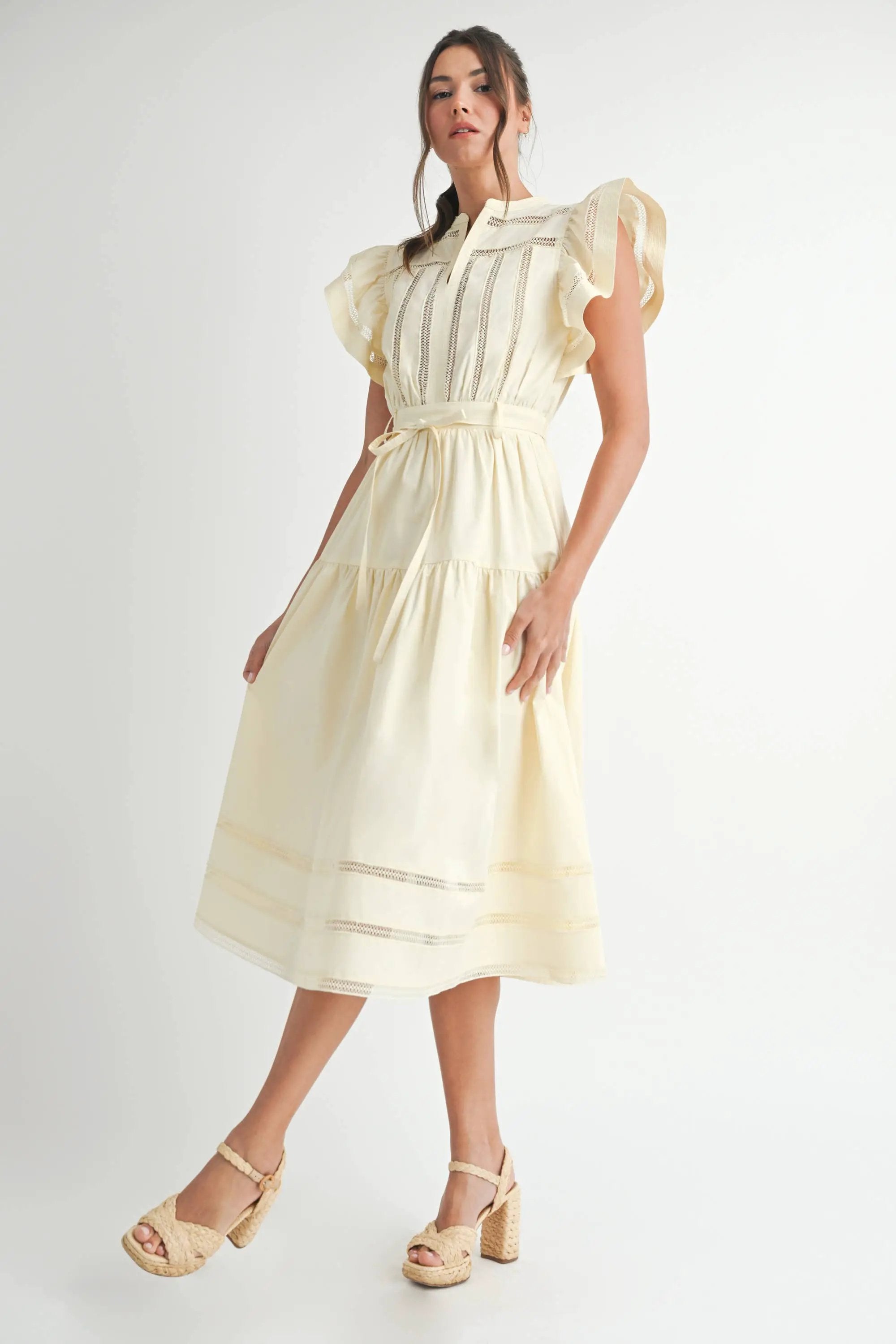 Endless Blu Endless Blu Cream Short Sleeve Tiered Midi Dress - Dresses