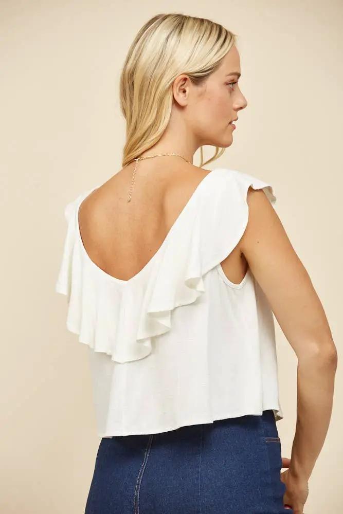 WISTERIA LANE Wisteria Lane - Soft Breeze Ruffled Linen Crop Blouse - Blouses
