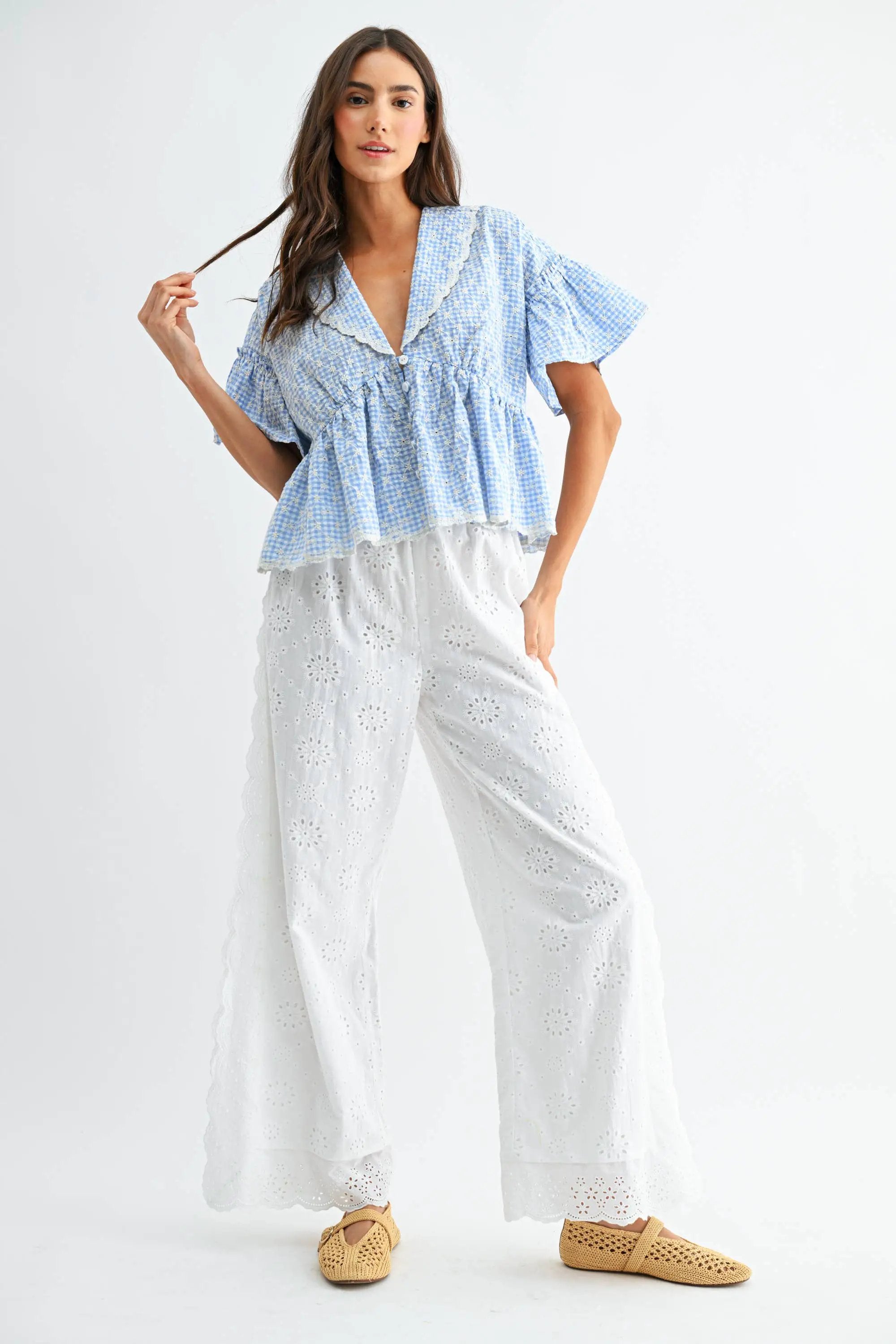 Camellia The Blue Gingham Embroidered Peplum Blouse - Blouses