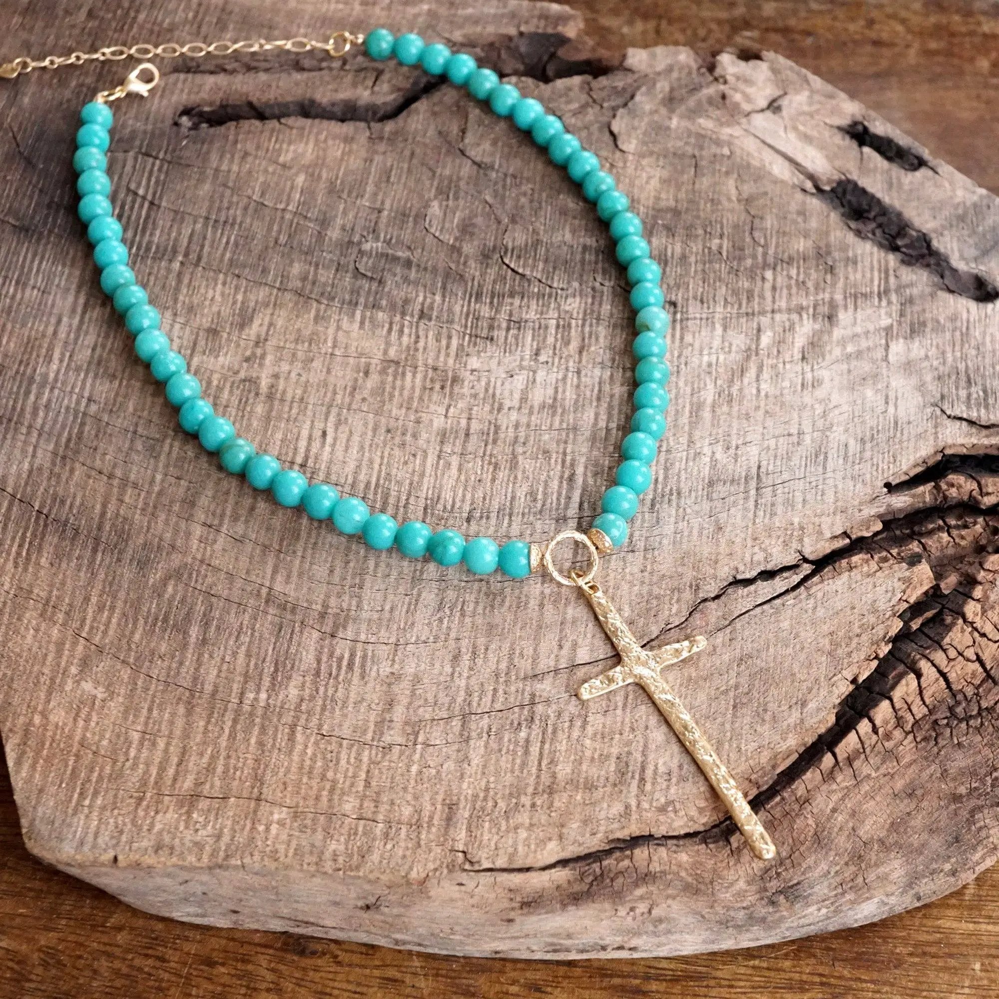 PennyLine inc The Primitive Cross Pearl Necklace - Jewelry primitive cross necklace gold pearl turquoise beads