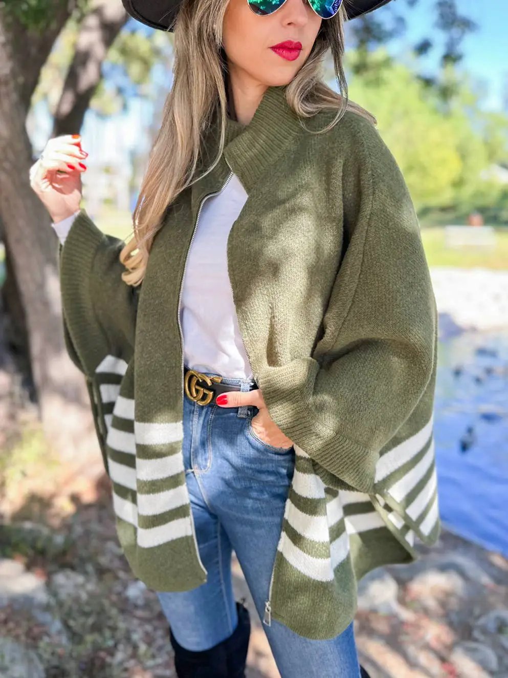 AMOLI AMOLI - Olive Stripe Border Printed Zip-Up Cardigan - Cardigans