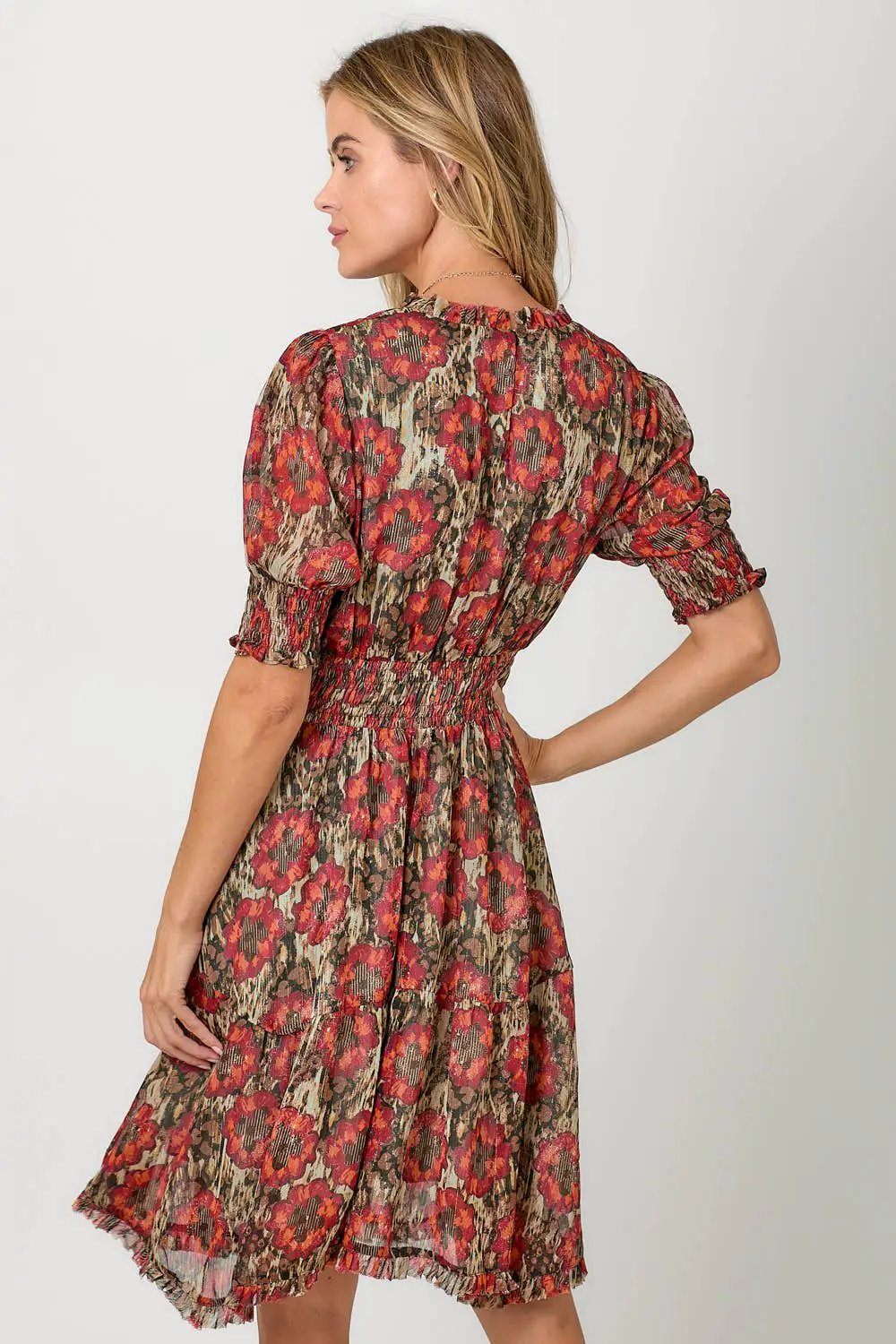 Mystree Mystree Red/Sage Lurex Flower Dress - Dresses