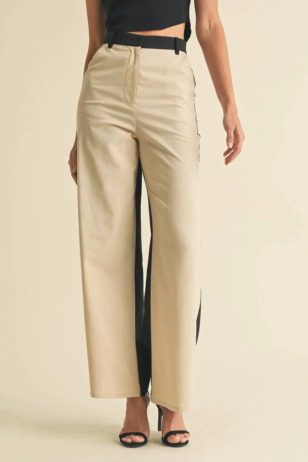 Endless Blu Endless Blu Black/Almond Color Block Linen Trouser Pants - Pants