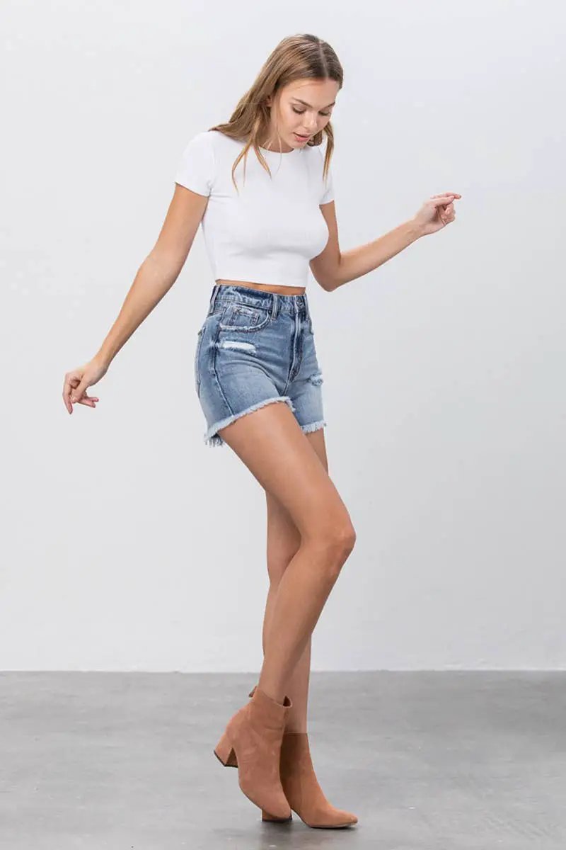 Insane Gene USA The High Rise Frayed Hem Mom Shorts - Denim Shorts shorts