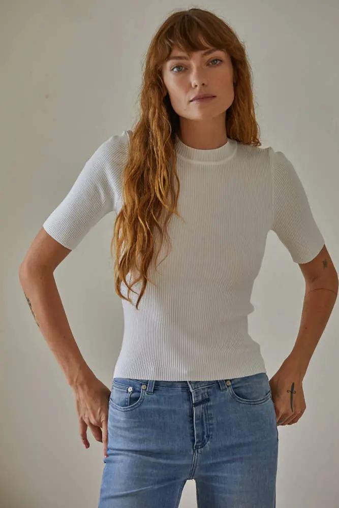 By Together White High Stakes Ribbed Mock Neck Sweater Top - Sweaters