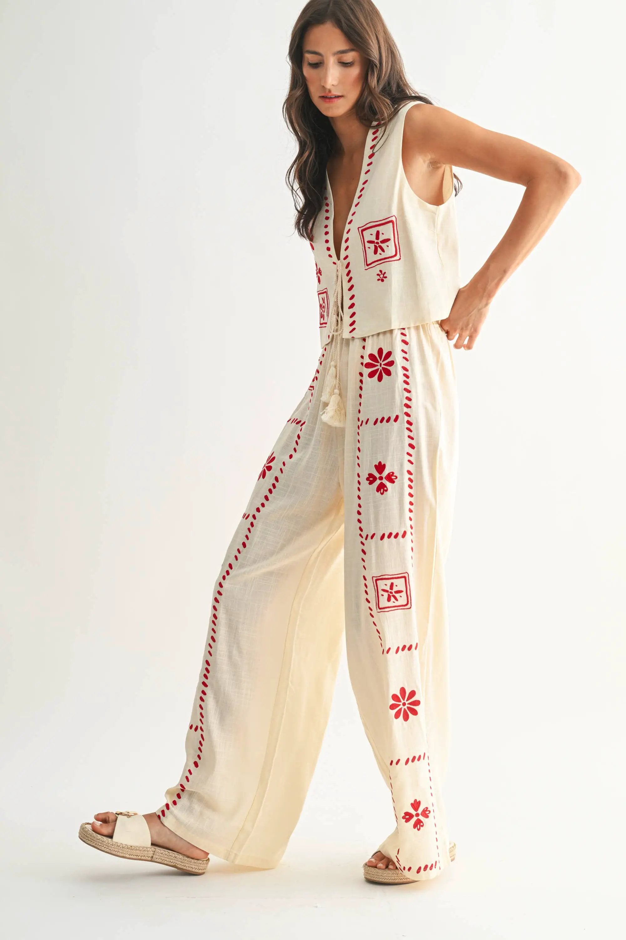 Camellia The Scarlet Stitch Linen Vest & Pant Set – Cream/Red - Outfit Sets