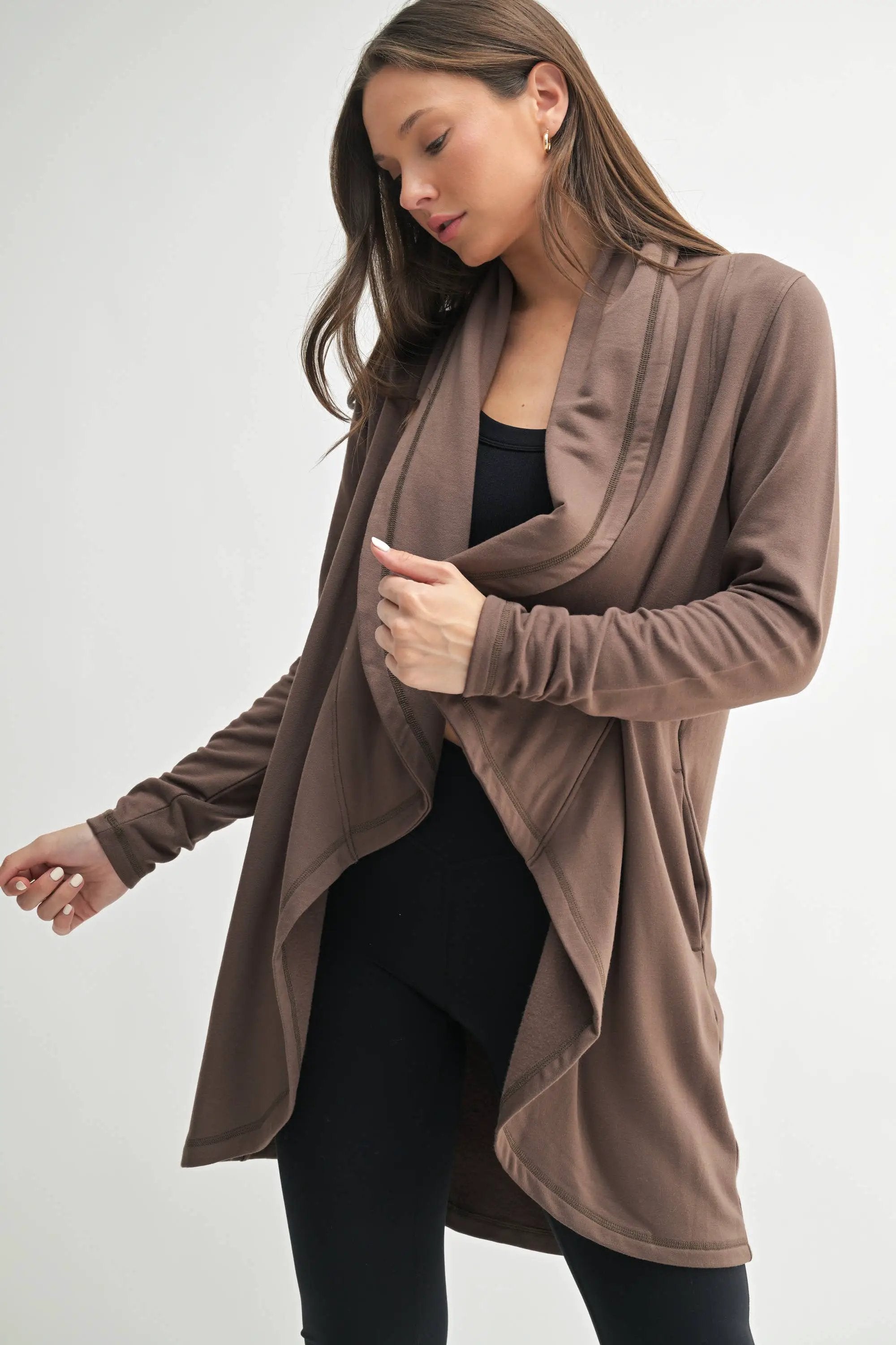 Mono B Mono B - Fleece Lined Flowy Open Cardigan in Java - Shirts Mono B - Fleece Lined Flowy Open Cardigan