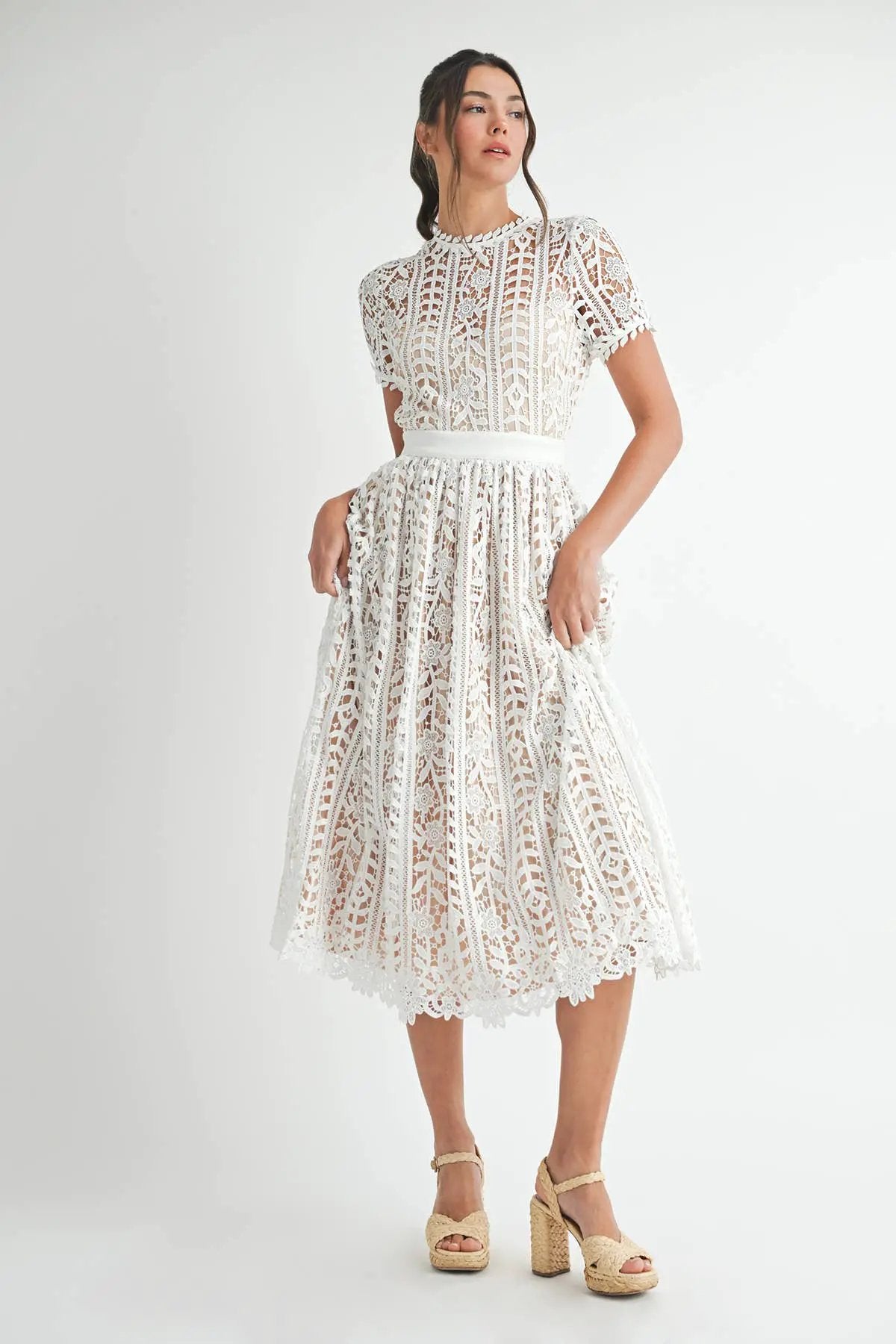 Endless Blu Endless Blu Short Sleeve White Lace Midi Dress - Dresses