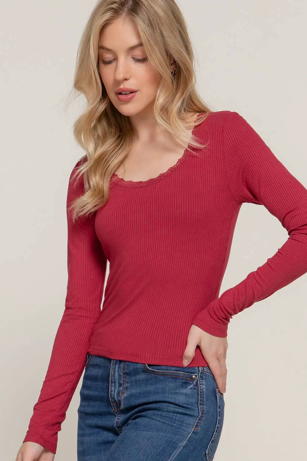 Active Basic | Active USA Active Basic | Active USA - Long Sleeve Scoop Neck with Lace Trim Rib Knit Top in Army Olive - Sweaters