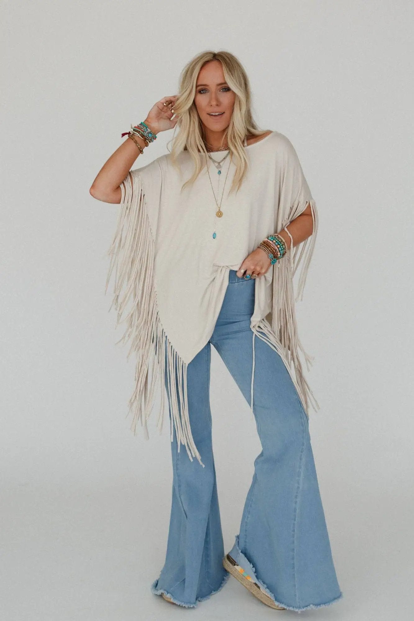 Three Bird Nest Three Bird Nest - Western Showstopper Fringe Top: Cream - Blouses tops-blouses