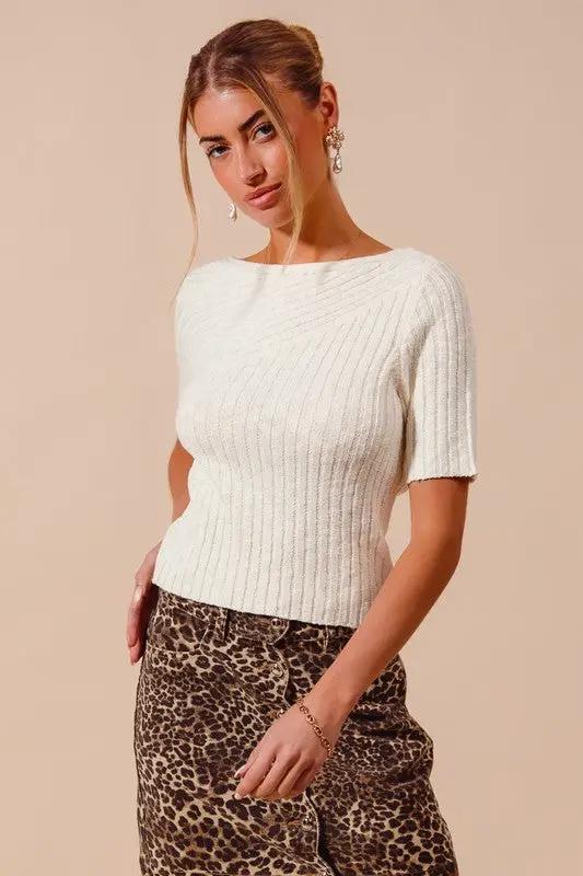 So Me Bias Knitted Boat Neck Fitted Rib Neck Ivory Sweater Top - Sweaters knitted boat neck sweater top