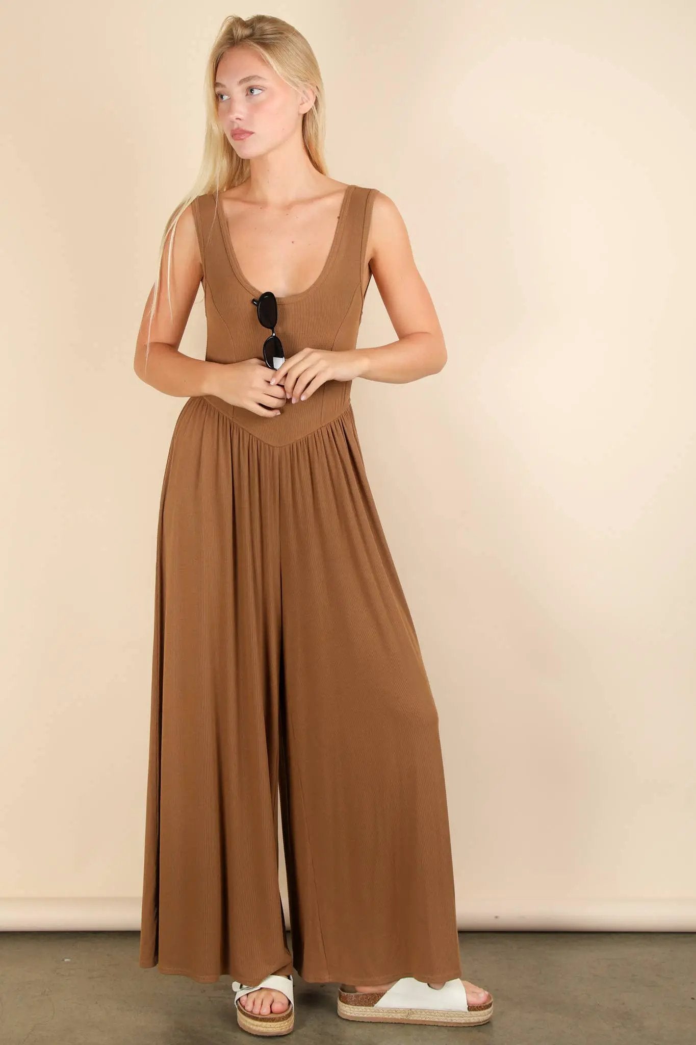 New In Camel Brown Casual Ribbed Knit Sleeveless Jumpsuit - One-Pieces