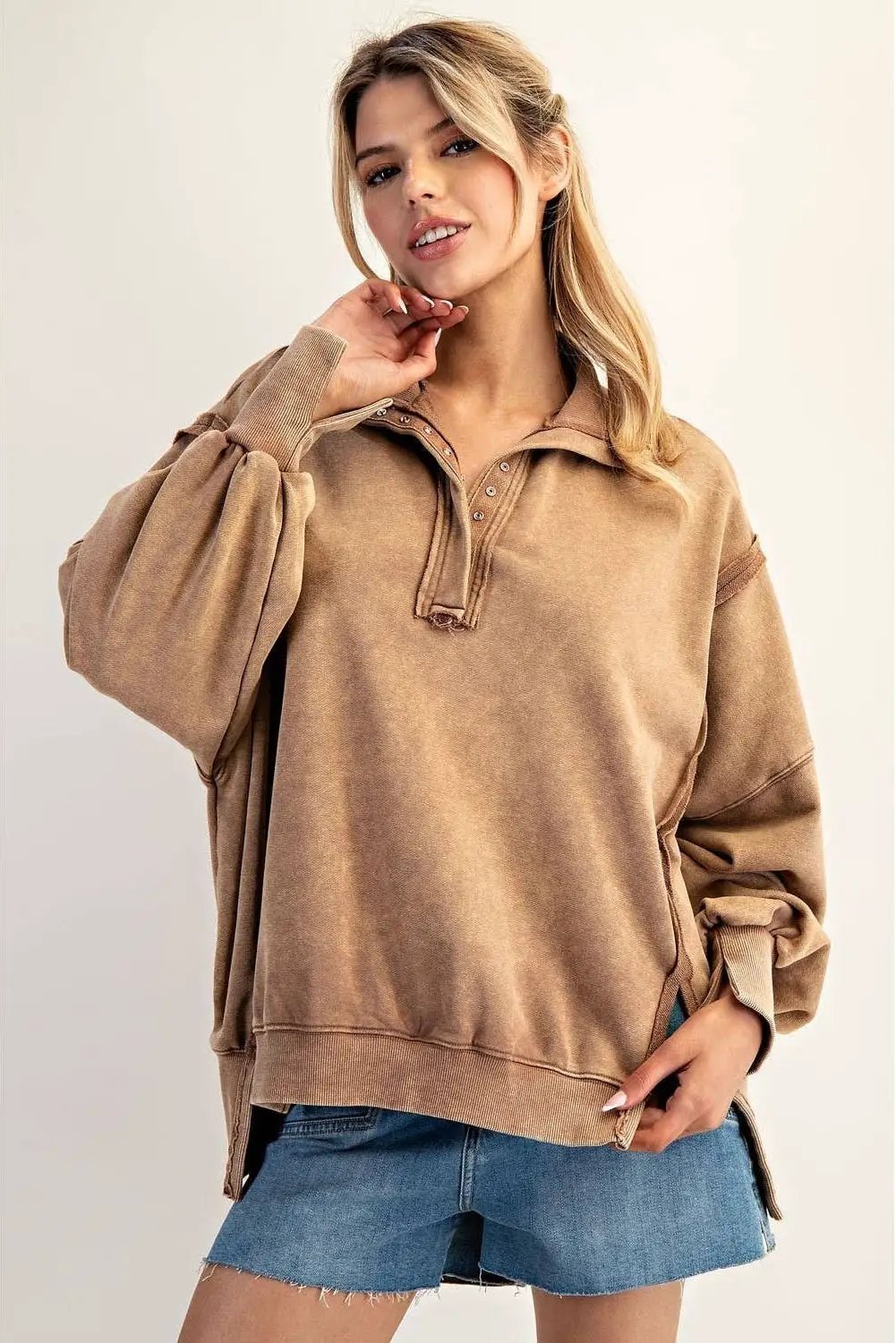 STYLE USA The Slow Burn Mocha Snap Collar Pullover - Sweatshirts
