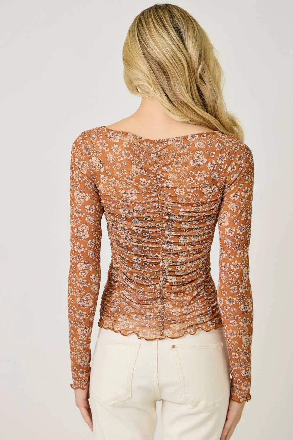 Mystree Mystree - Autumn Bloom Lettuce Hem Mesh Floral Top - Blouses