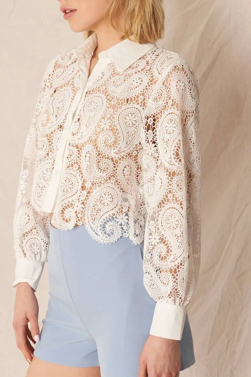En Crème En Crème White Long Sleeve Paisley Lace Button Down Top - Blouses