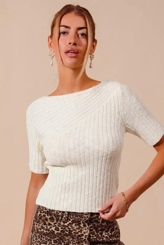 So Me Bias Knitted Boat Neck Fitted Rib Neck Ivory Sweater Top - Sweaters knitted boat neck sweater top