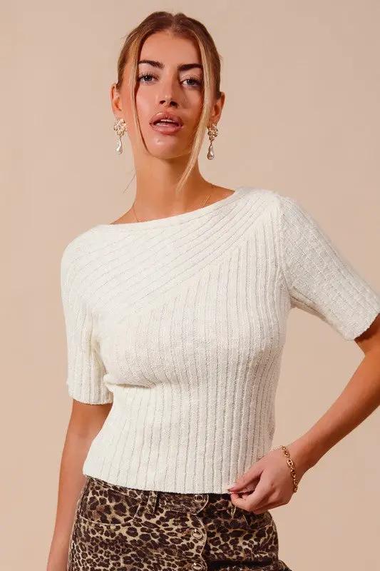 So Me Bias Knitted Boat Neck Fitted Rib Neck Ivory Sweater Top - Sweaters knitted boat neck sweater top