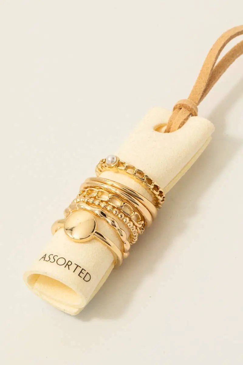 Fame Accessories Pearl Stud Mixed Chain 7Pc Band Rings Set: Gold - Rings