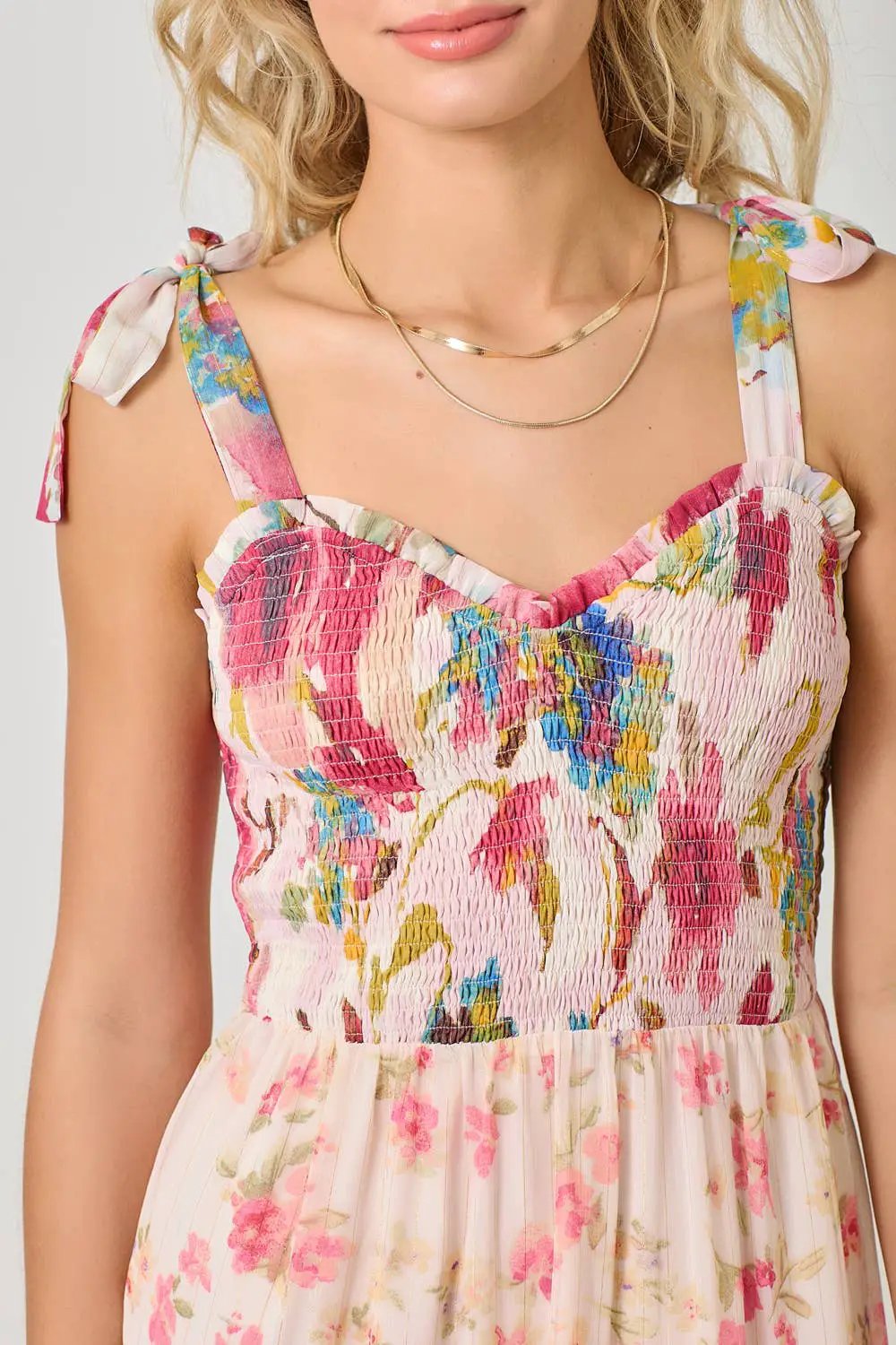 Mystree Mystree Rose Mix Strap Tied Smocked Top Tiered Long Dress - Dresses