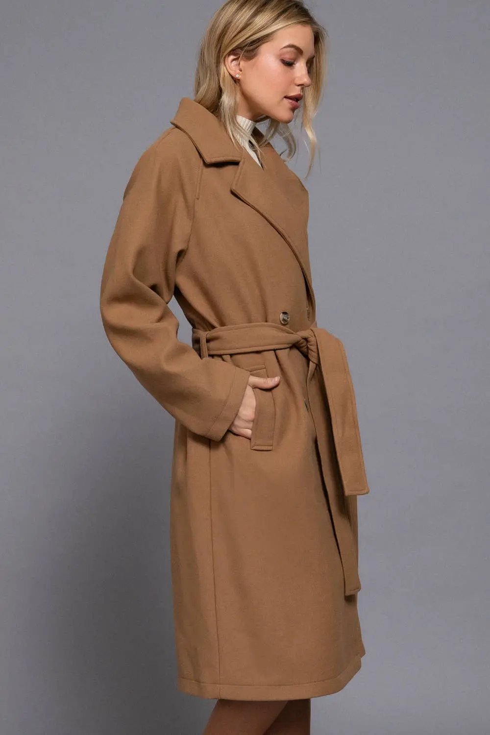 Active Basic | Active USA Active Basic | Active USA - Long Sleeve Double Breasted Button Soft Felt Trench Coat in Camel - Trench Coats Long Sleeve Double Breasted Button Soft Felt Trench Coat