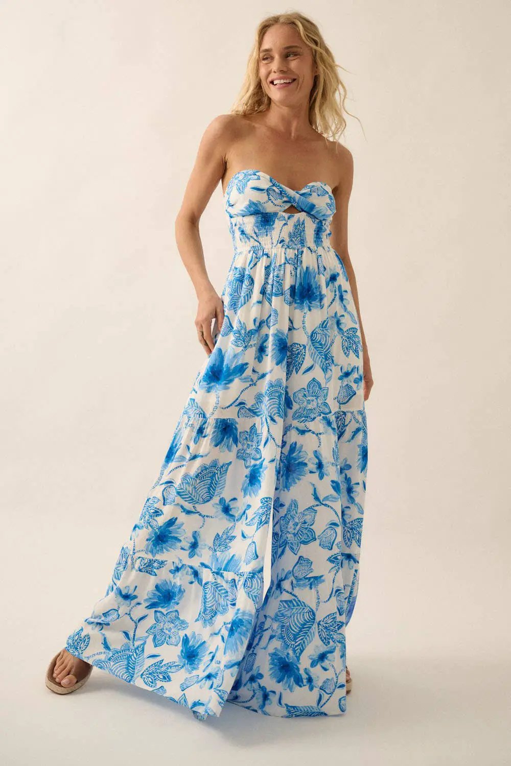Promesa USA Cream & Blue Floral Crepe Strapless Wide-Leg Ruffle Jumpsuit - One-Pieces Promesa USA Cream & Blue Floral Crepe Strapless Wide-Leg Ruffle Jumpsuit