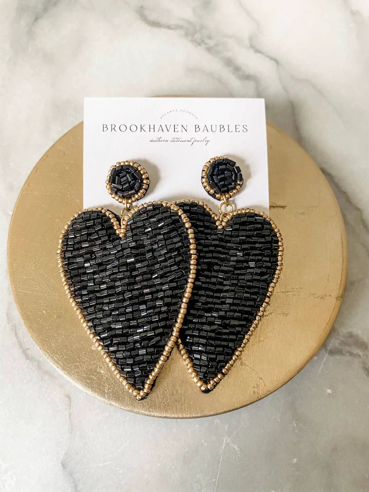 Brookhaven Baubles Black Beaded Heart Earrings with Gold Accents - Earrings black beaded heart earrings