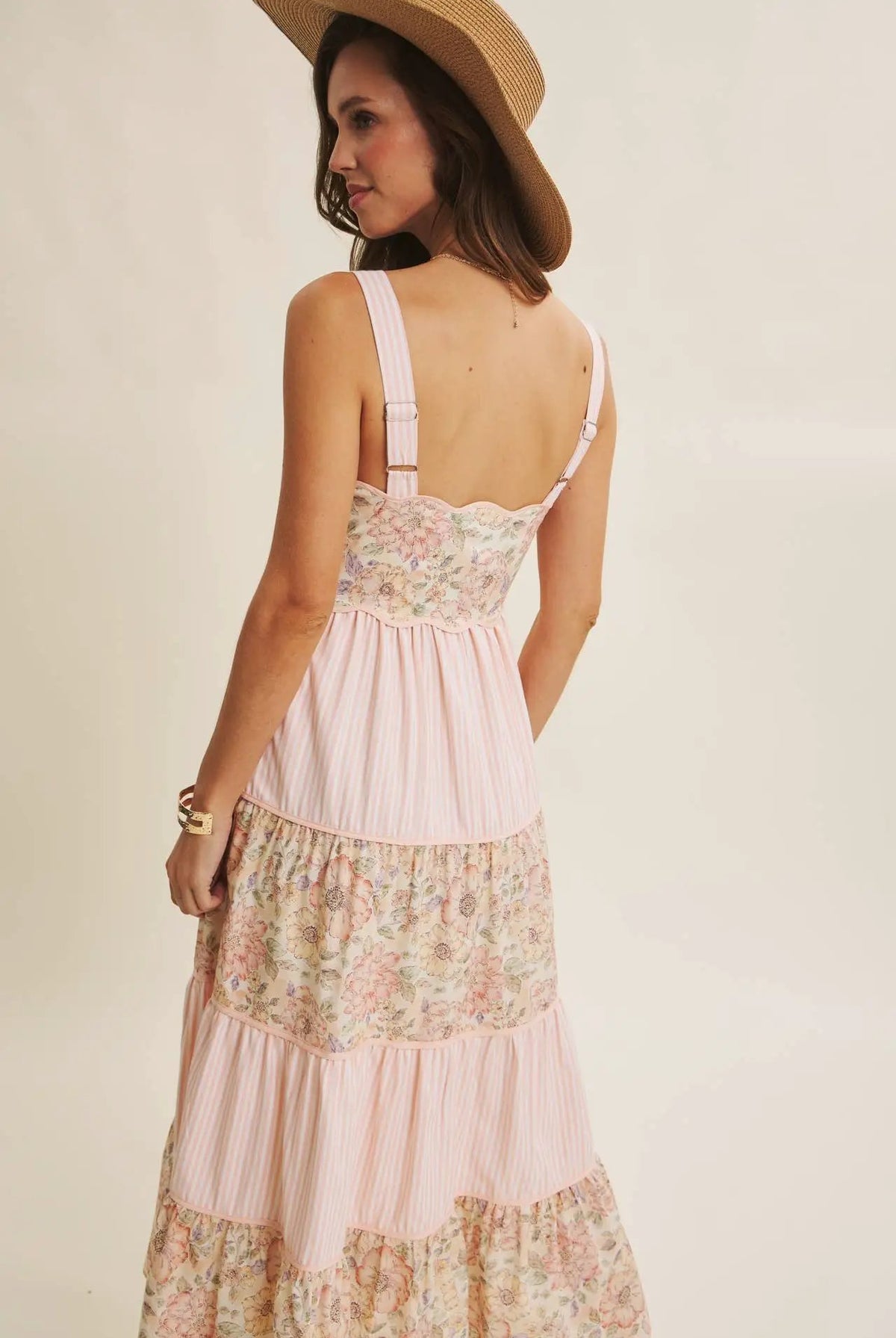 in february The Dreamy Tiered Patchwork Midi Dress: Peach Multi - Dresses