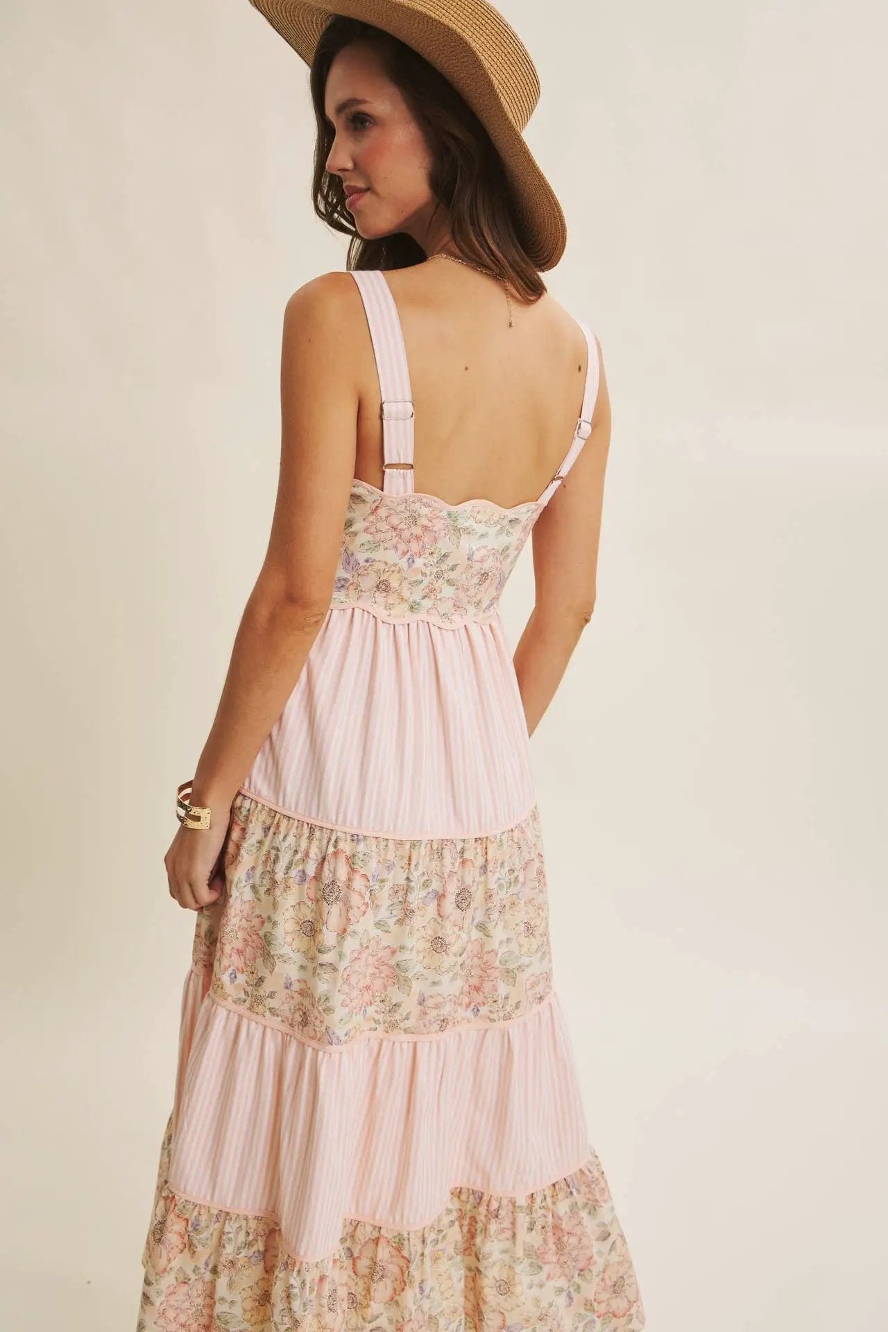 in february The Dreamy Tiered Patchwork Midi Dress: Peach Multi - Dresses