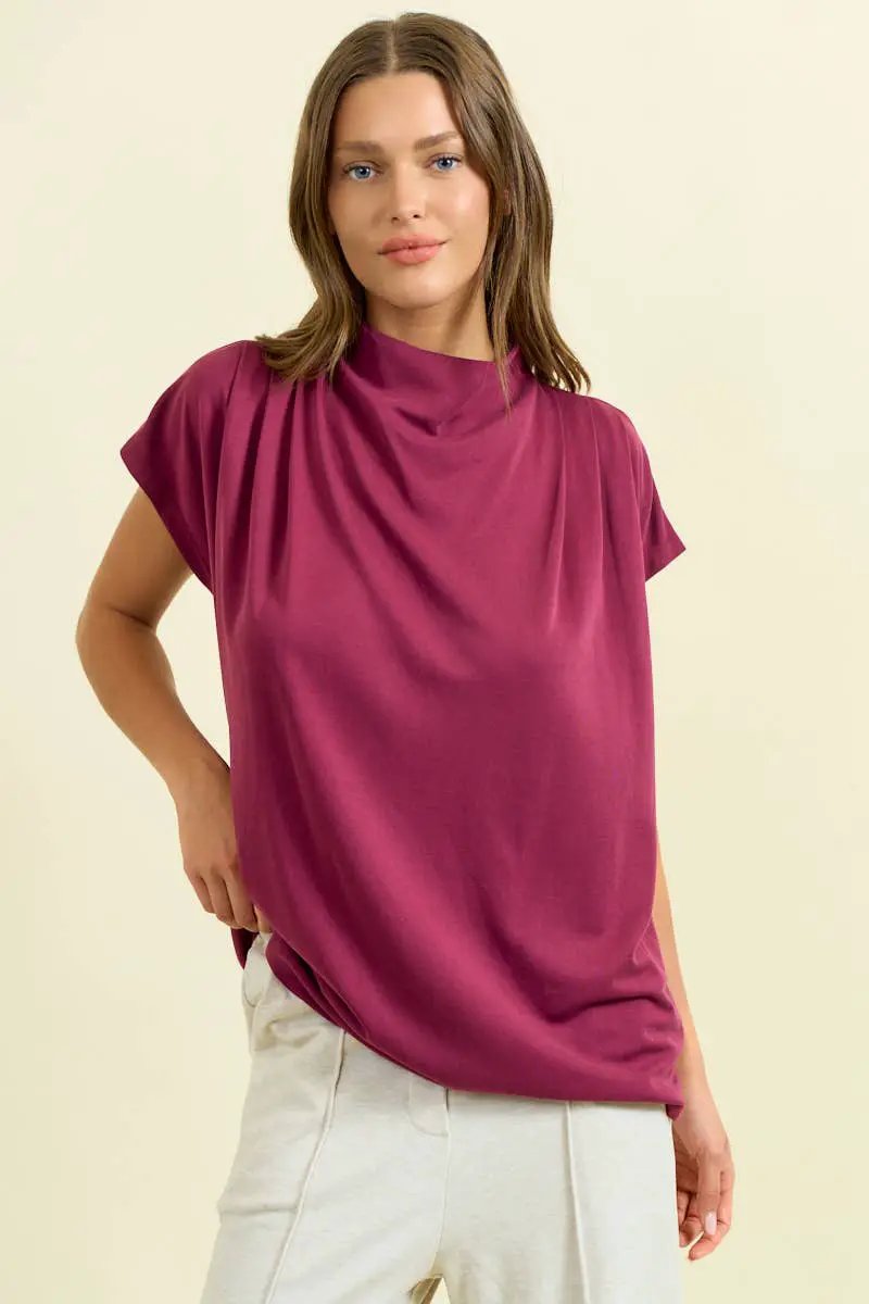 Doe and Rae The Velvet Current Draped Dolman Top – Burgundy - Blouses