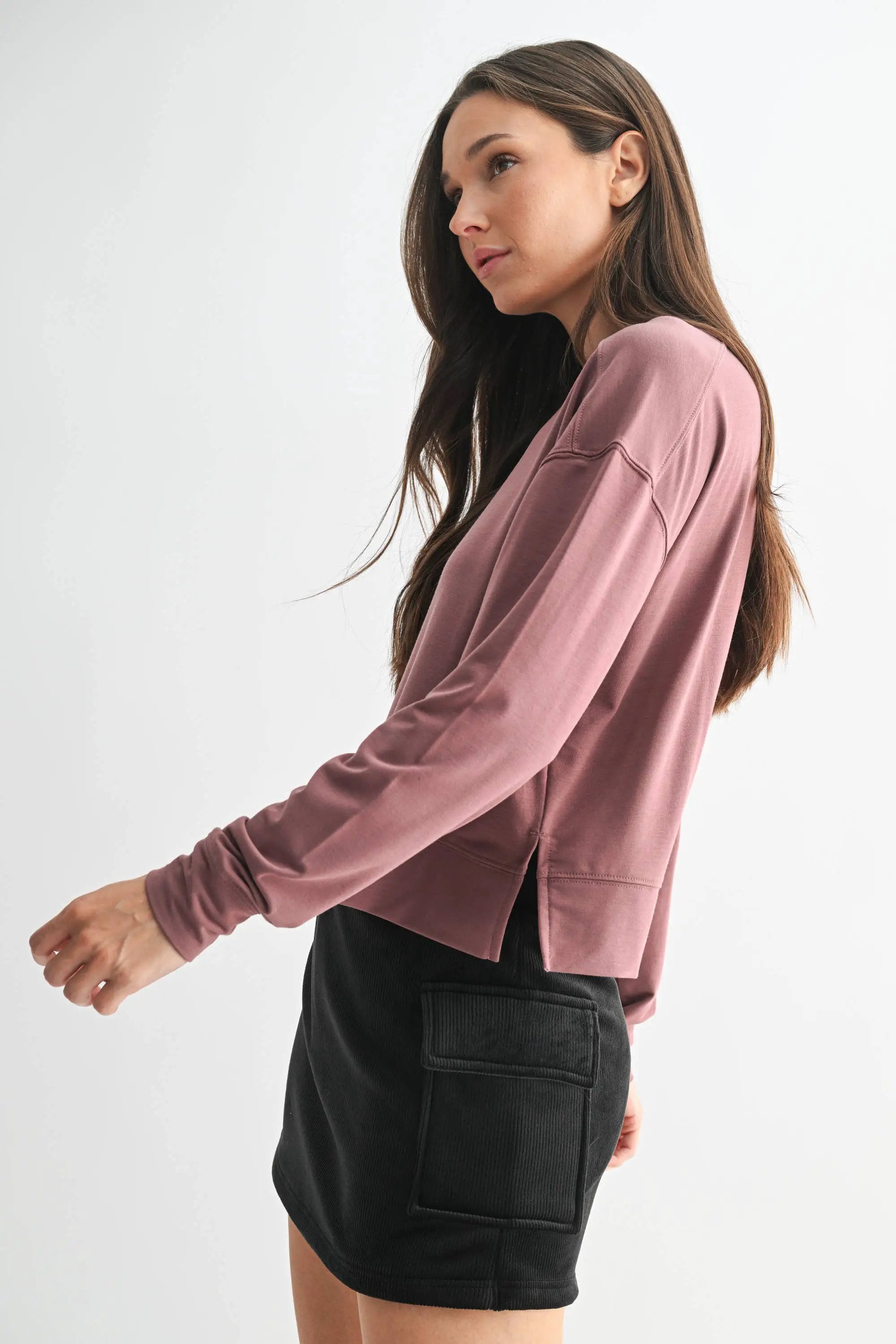 Mono B Mono B - Easy Edge Boxy Long Sleeve in Rose Taupe - Shirts Mono B - Easy Edge Boxy Long Sleeve