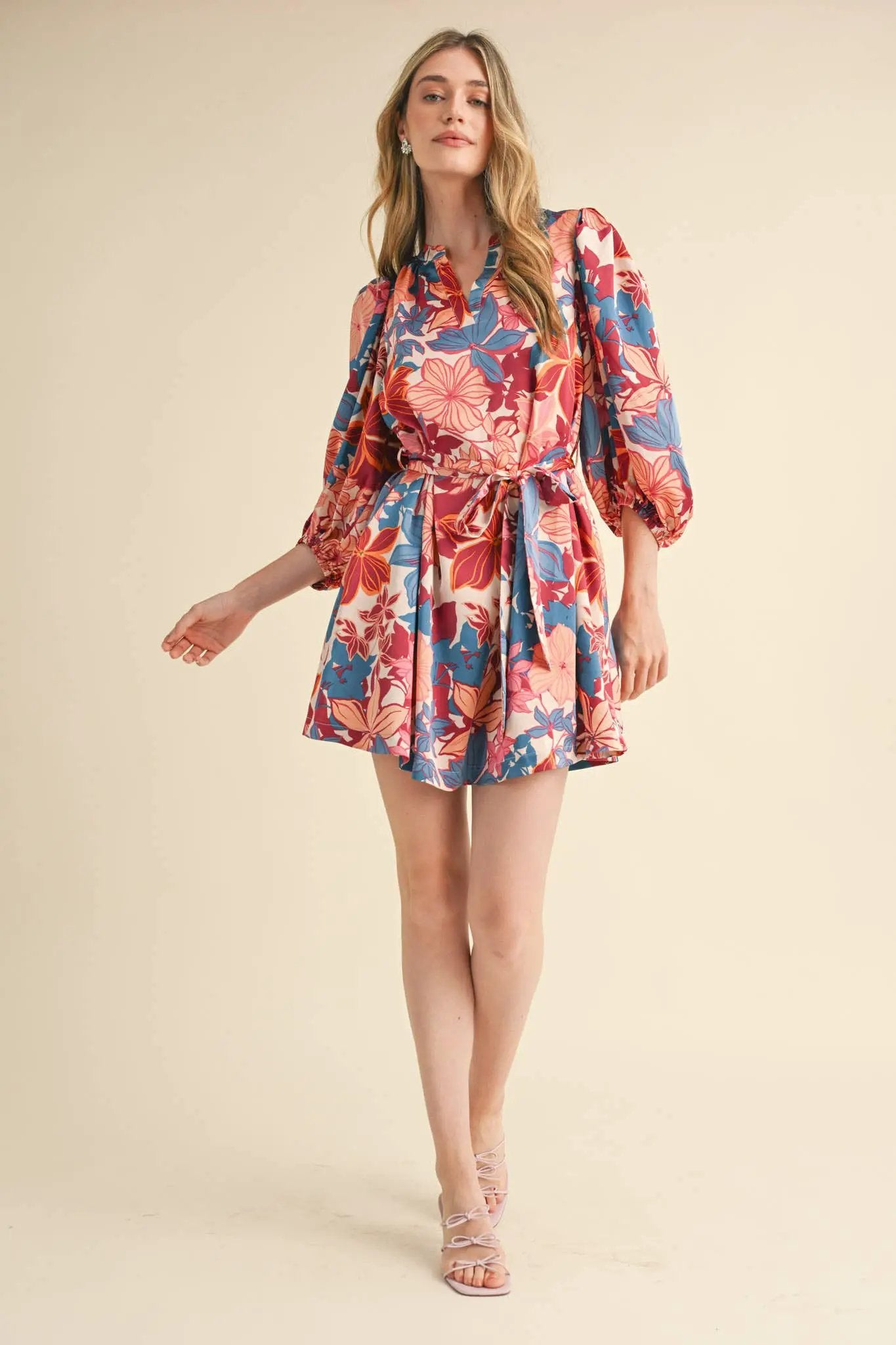 &MERCI Exclusive Blush Multi Floral Puff Sleeve Tie-Waist Mini Dress - Dresses