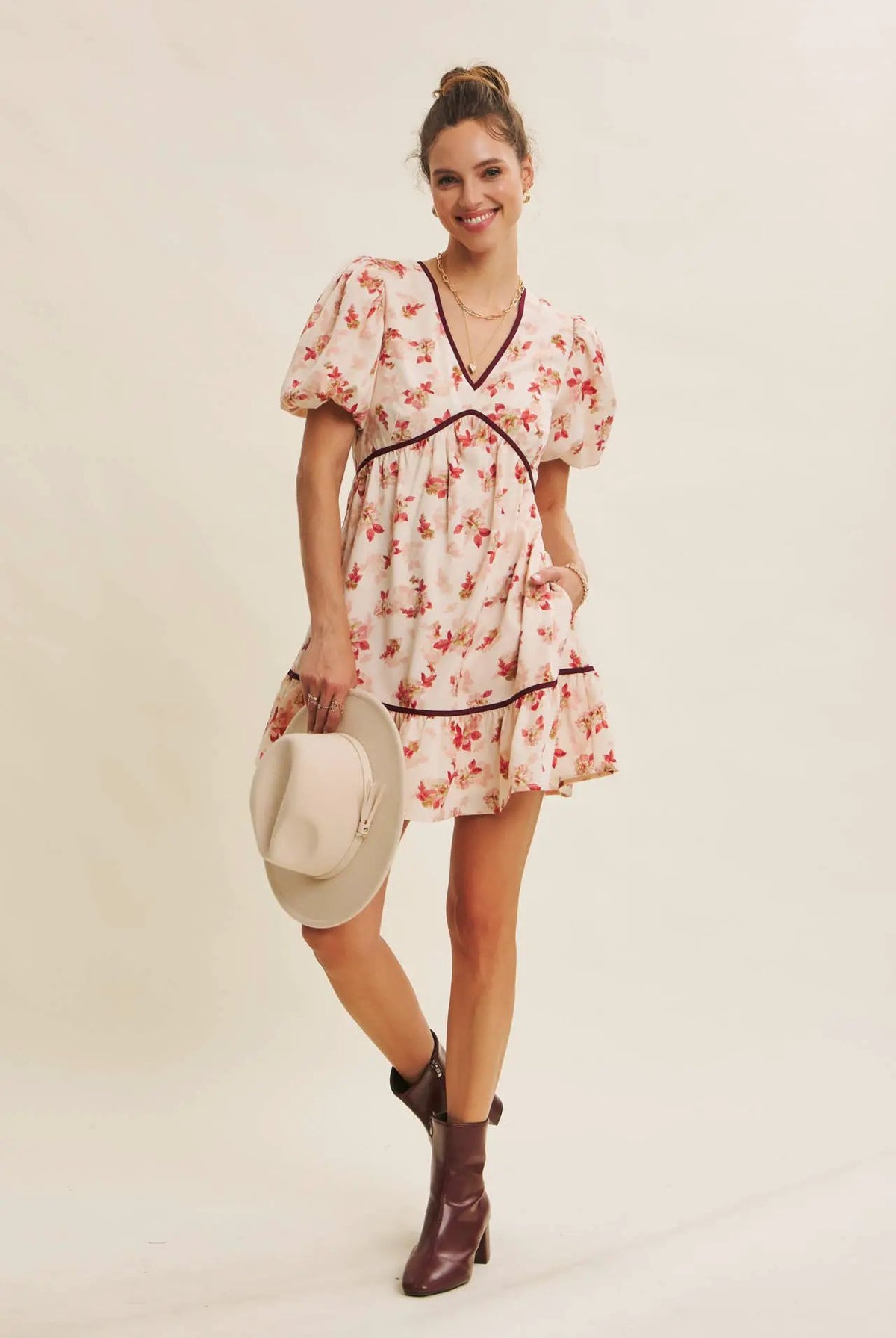 in february The Utterly Darling Cranberry Bubble Sleeved Mini Dress With Contrast Bow - Sweaters